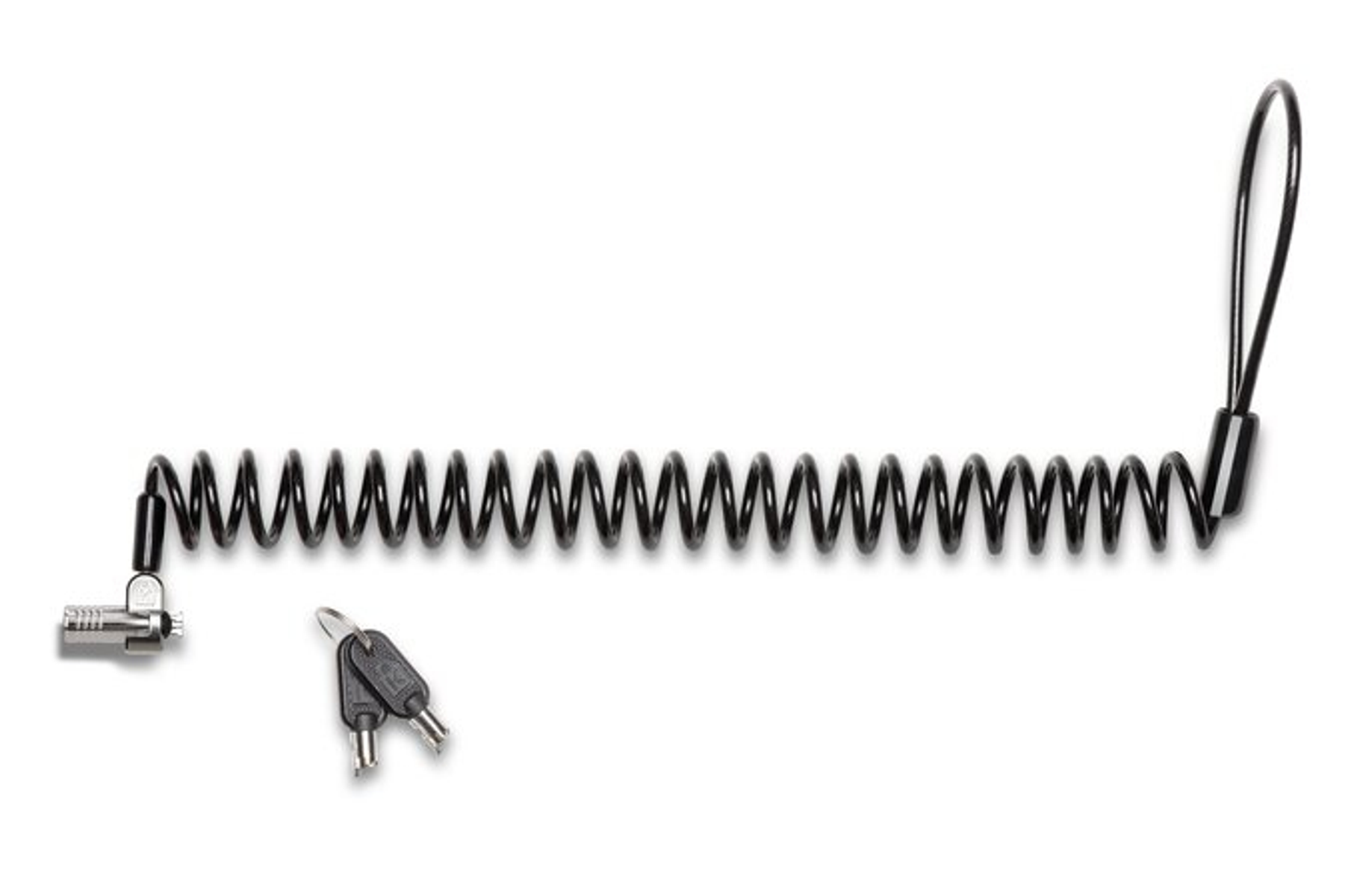 Ein schwarzes Spiralkabel mit Schlüsseln auf weißem Hintergrund.