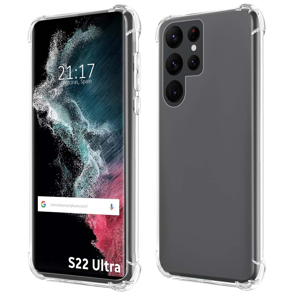 Teléfono S22 Ultra con funda transparente. El teléfono muestra la hora y una barra de búsqueda de Google.