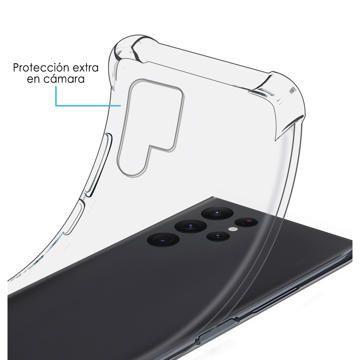 Funda de teléfono con una superposición, mostrando la función de protección de la cámara.