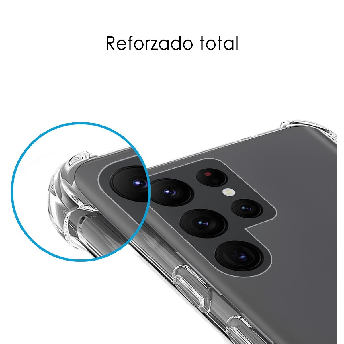Primer plano de un teléfono, que muestra las lentes de la cámara y el texto 'Reforzado total'.