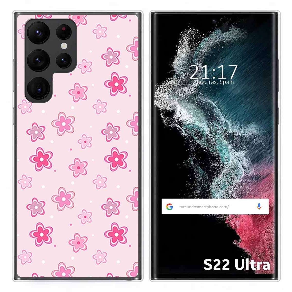 Funda de teléfono con estampado floral rosa.