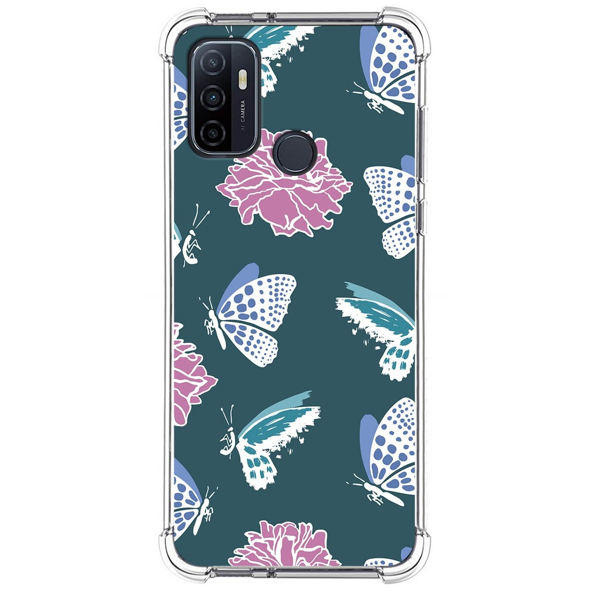 Funda con mariposas y flores sobre fondo verde oscuro.