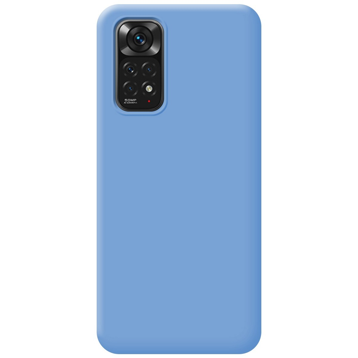 Una custodia per telefono blu chiaro semplice con il modulo fotocamera nell'angolo in alto a sinistra.