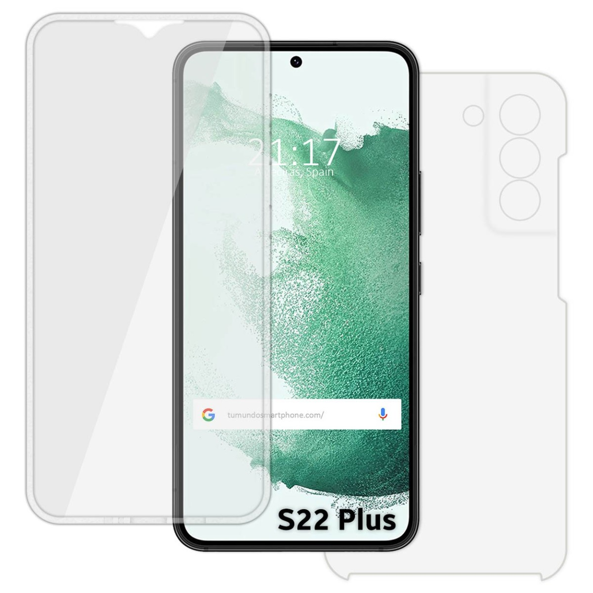Telefono S22 Plus con protezione schermo applicata e una protezione schermo extra nelle vicinanze.