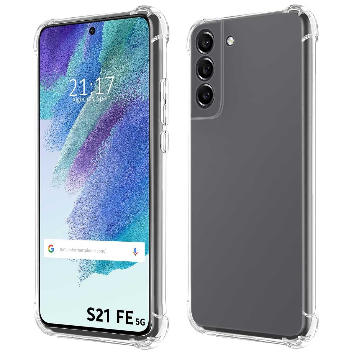Teléfono con pantalla mostrando hora y tumundosmartphone.com, y la funda.