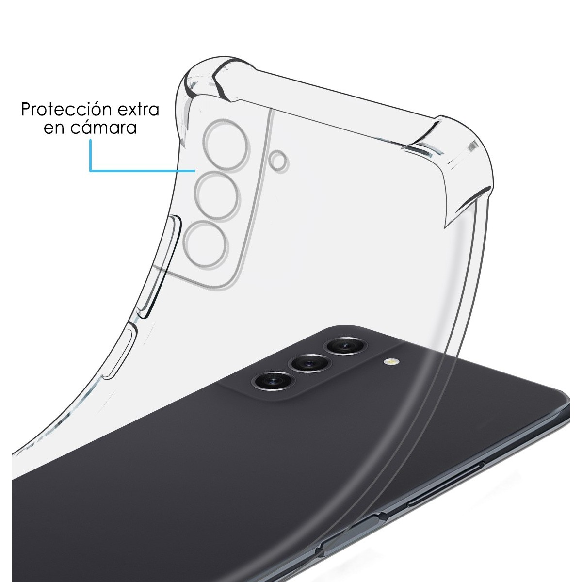 Funda transparente sobre un teléfono negro. Texto: protección extra para la cámara.