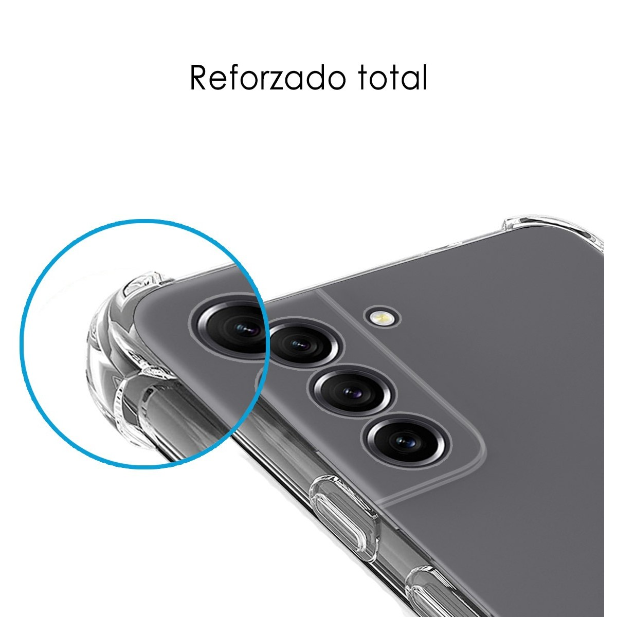 Primer plano de cámara de teléfono con funda transparente, texto 'Reforzado total' encima.
