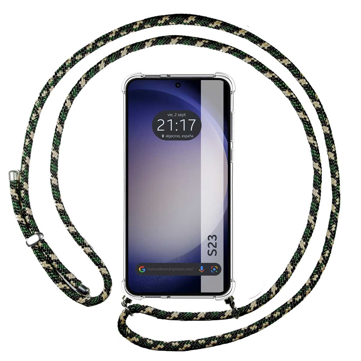 Telefono con corda verde e nera e custodia con pagina web sullo schermo.