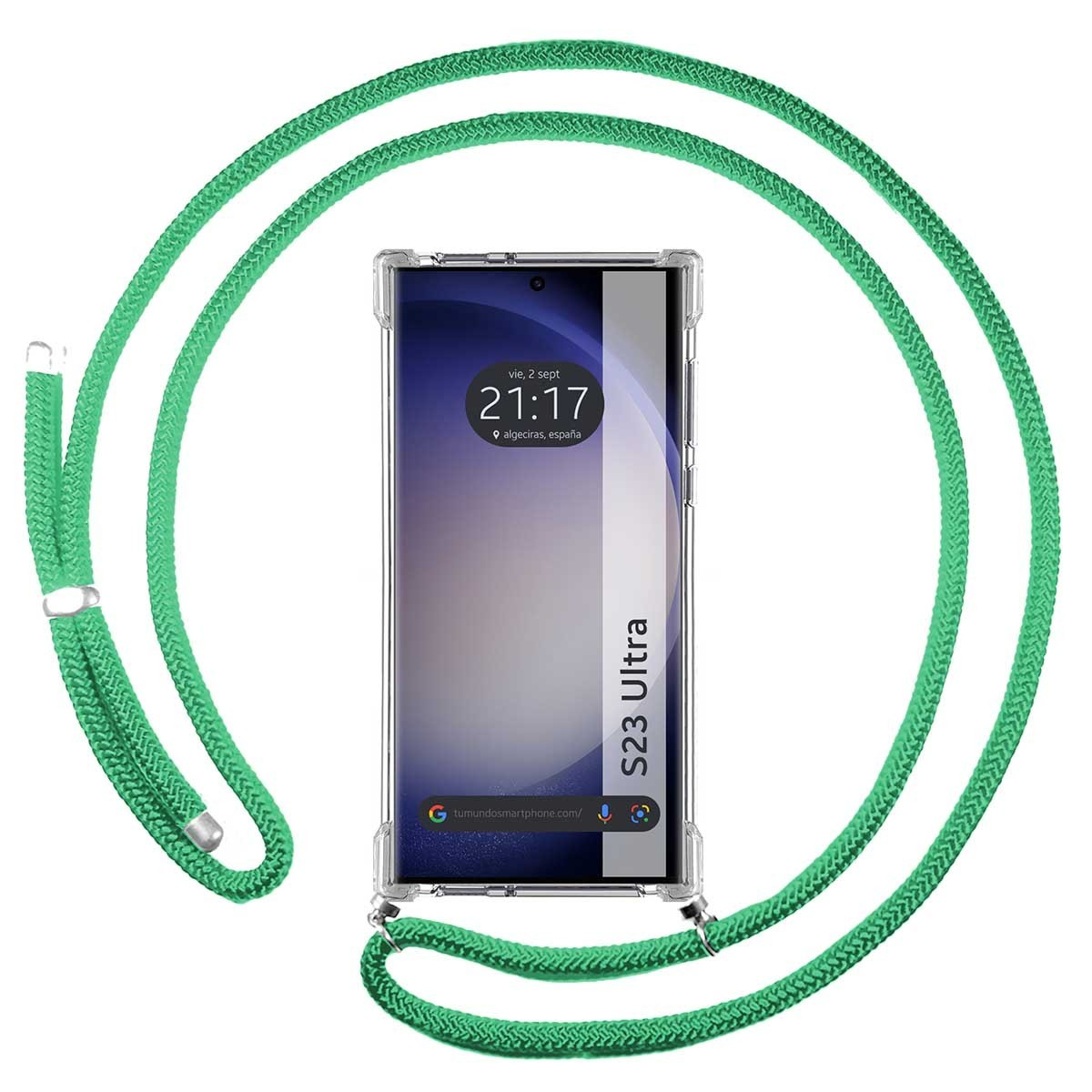 Telefono con un cordoncino verde attorno. Il telefono mostra uno schermo.