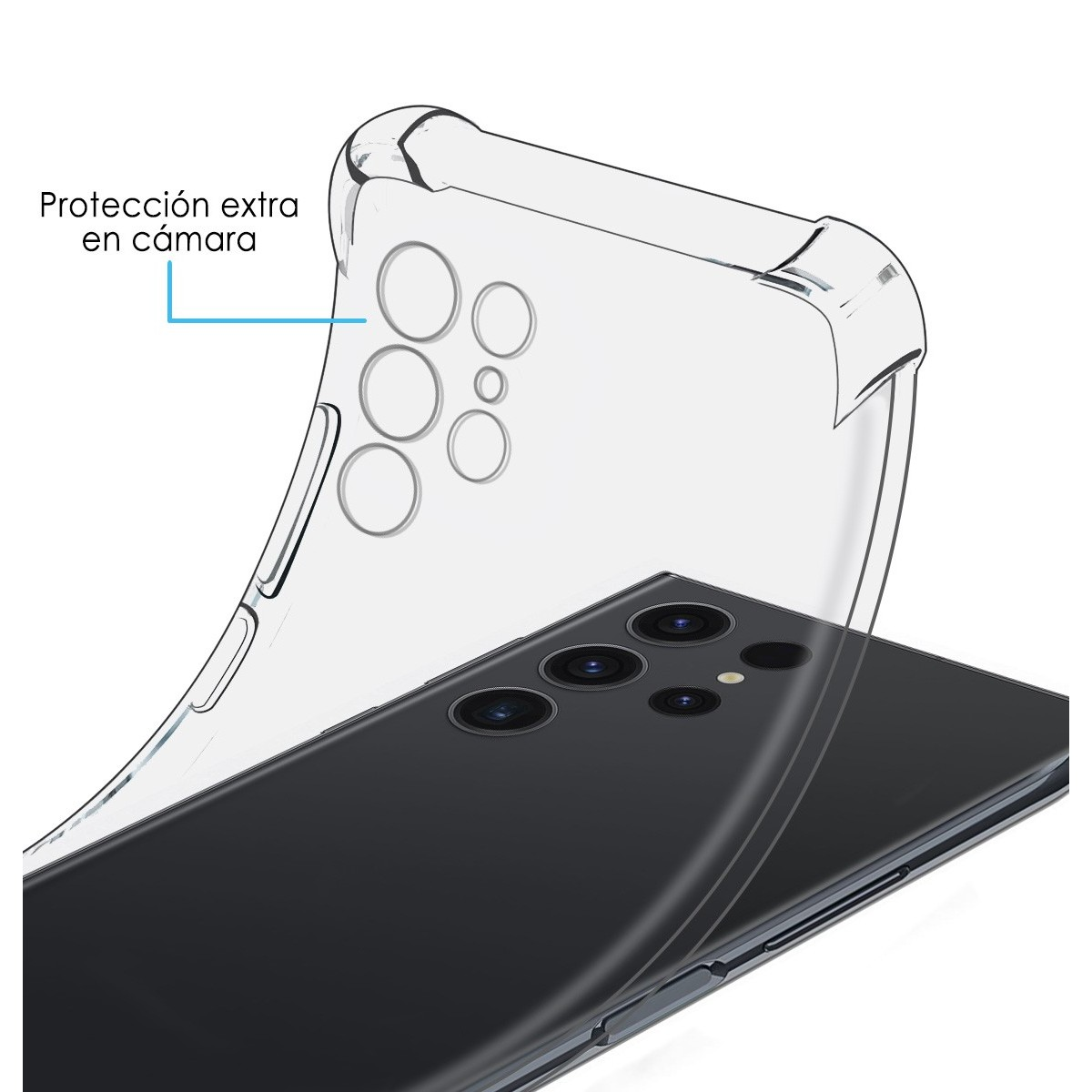 Custodia trasparente su telefono nero. La custodia protegge le lenti della fotocamera.
