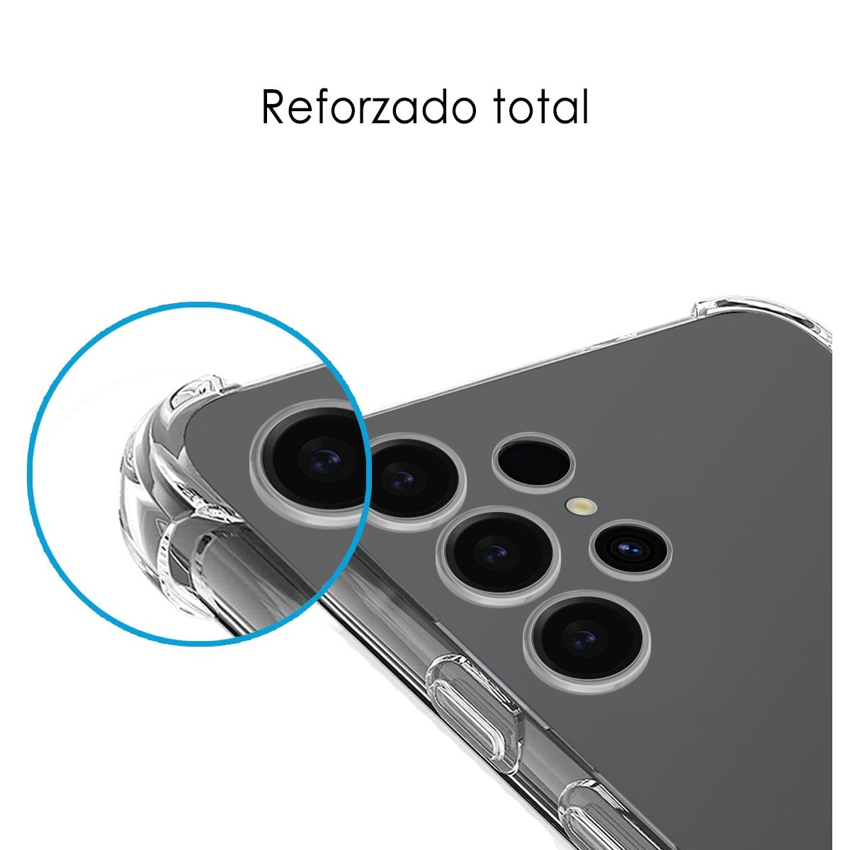 Custodia trasparente con telefono. Testo: Rinforzato totale.