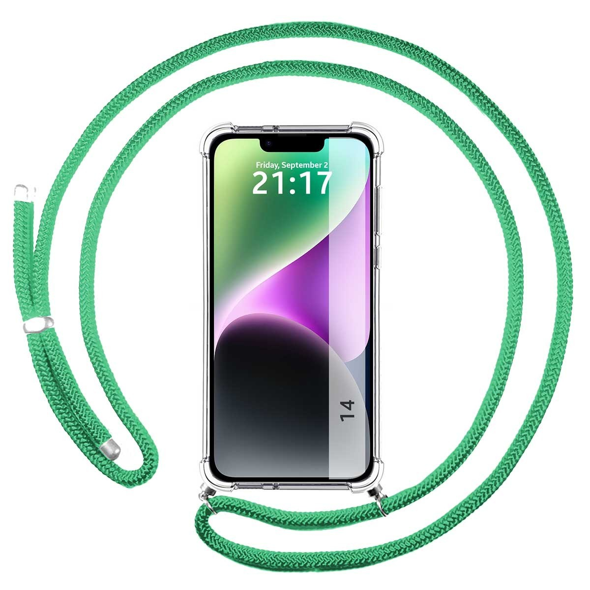 Telefono con un cordoncino verde attorno. Il telefono mostra uno schermo.