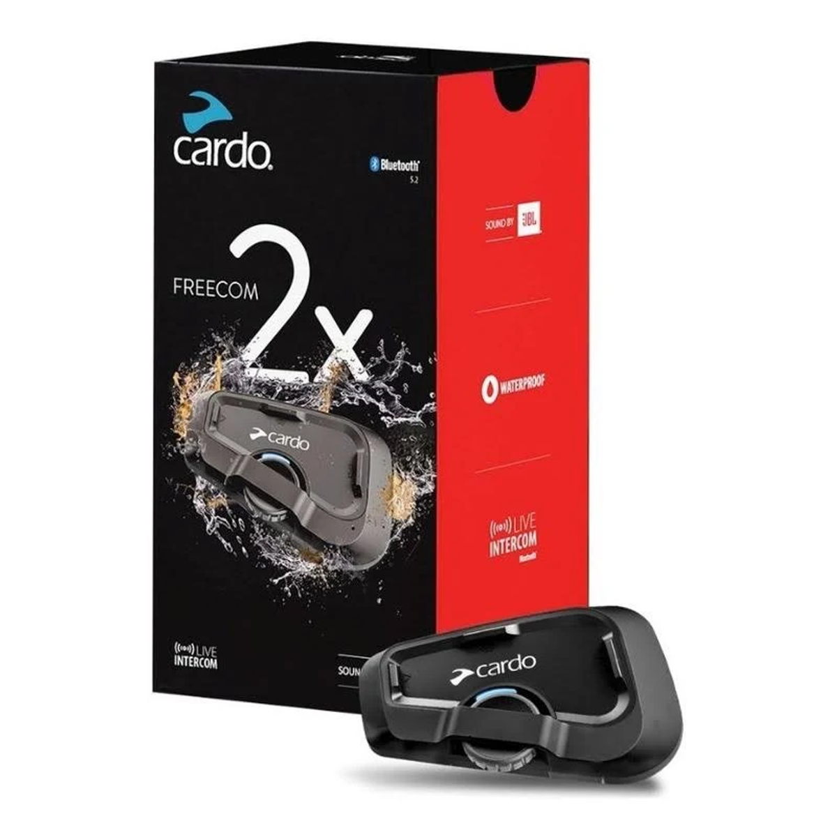 Cardo Freecom 2x Karton mit Bluetooth, wasserdicht und Live-Interkom.