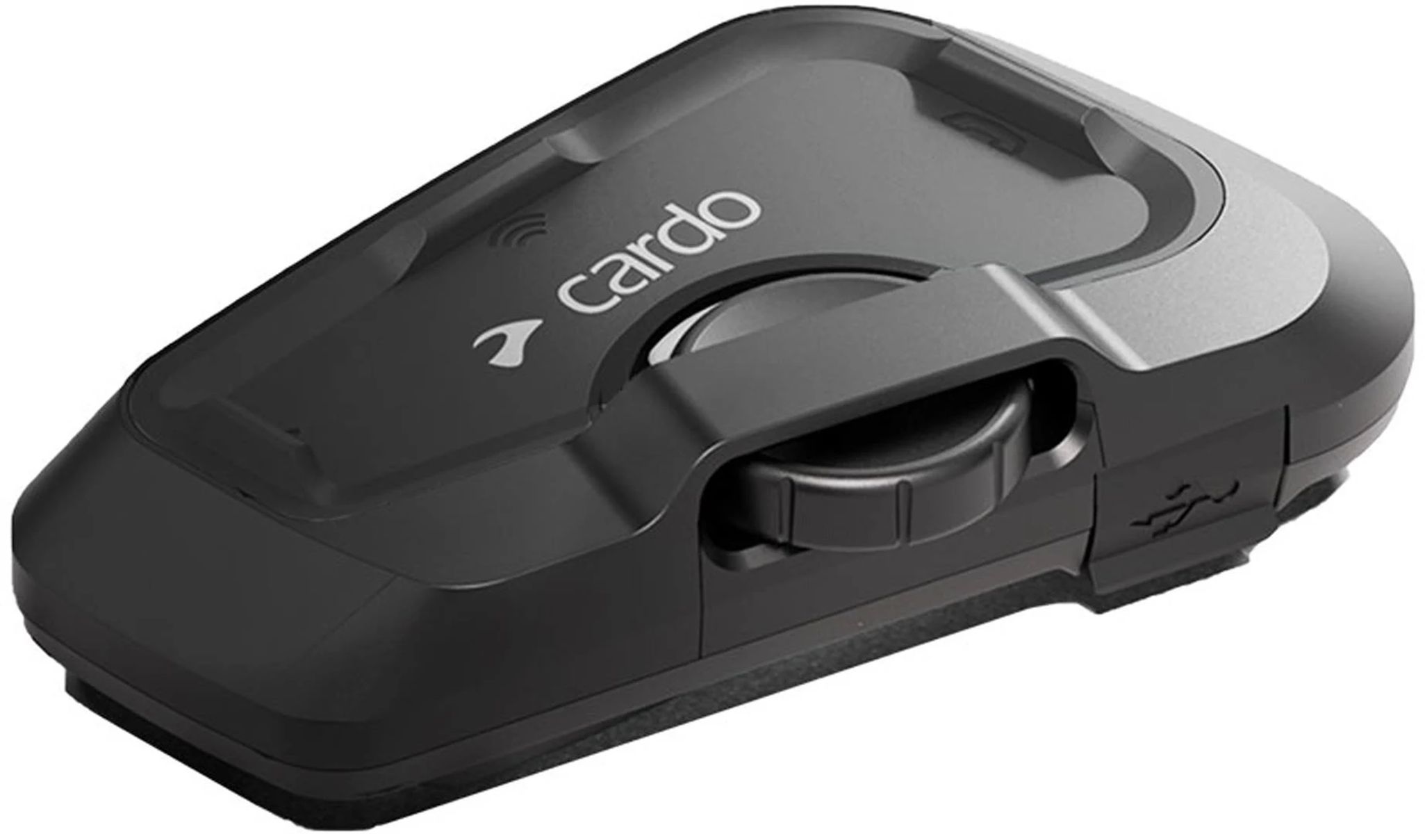 Schwarzes Cardo-Kommunikationsgerät mit klarer Oberseite, Lautstärkerad und USB-Anschluss.