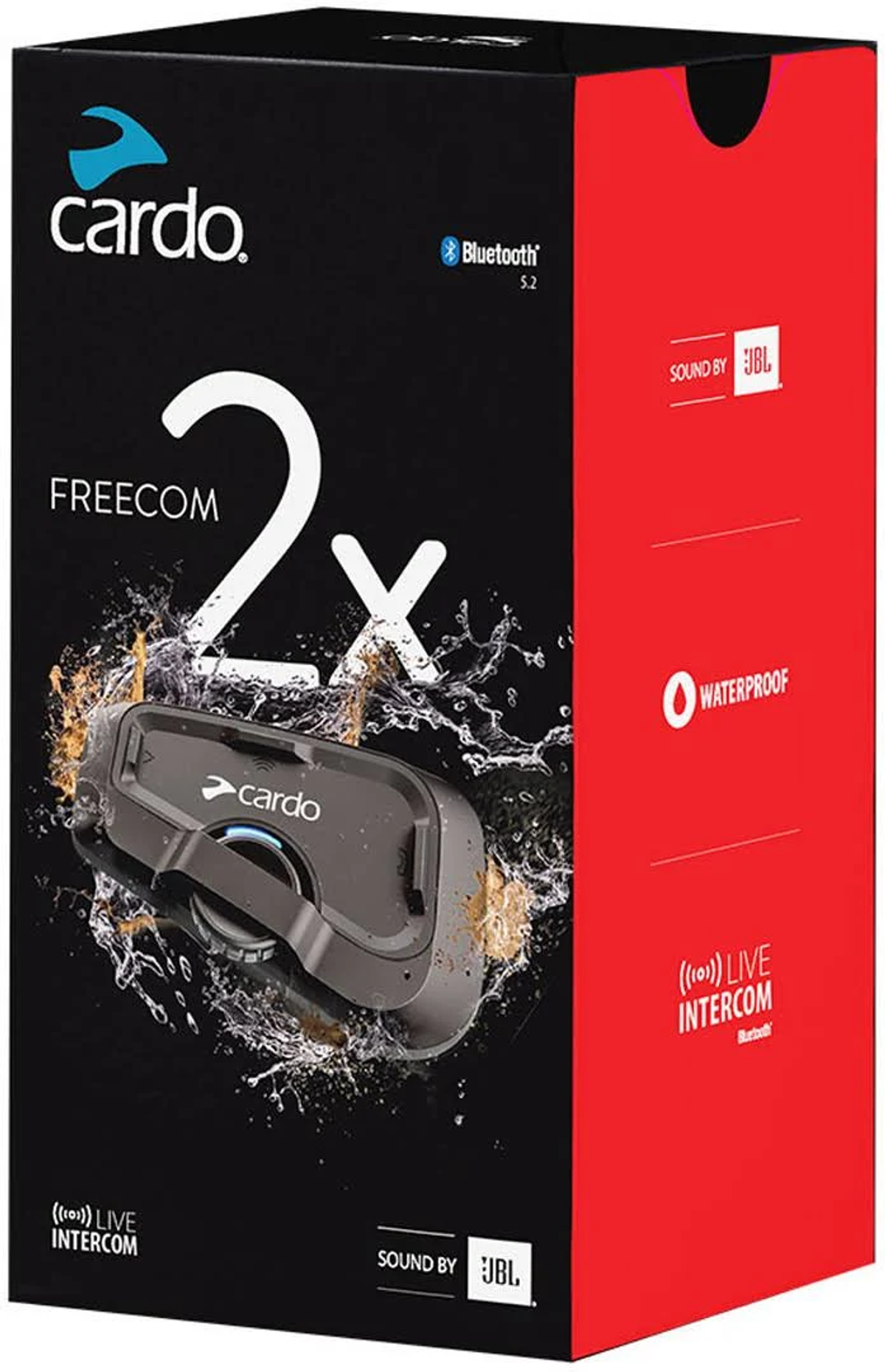 Packung für Cardo Freecom 2x mit Bluetooth 5.2, wasserdicht, JBL-Sound.