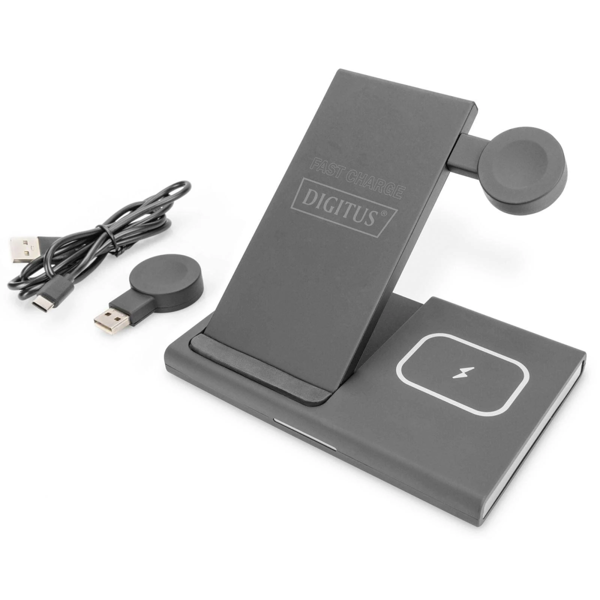 Graues kabelloses Ladegerät mit Telefonständer, separaten Ladepads für Uhr und USB.