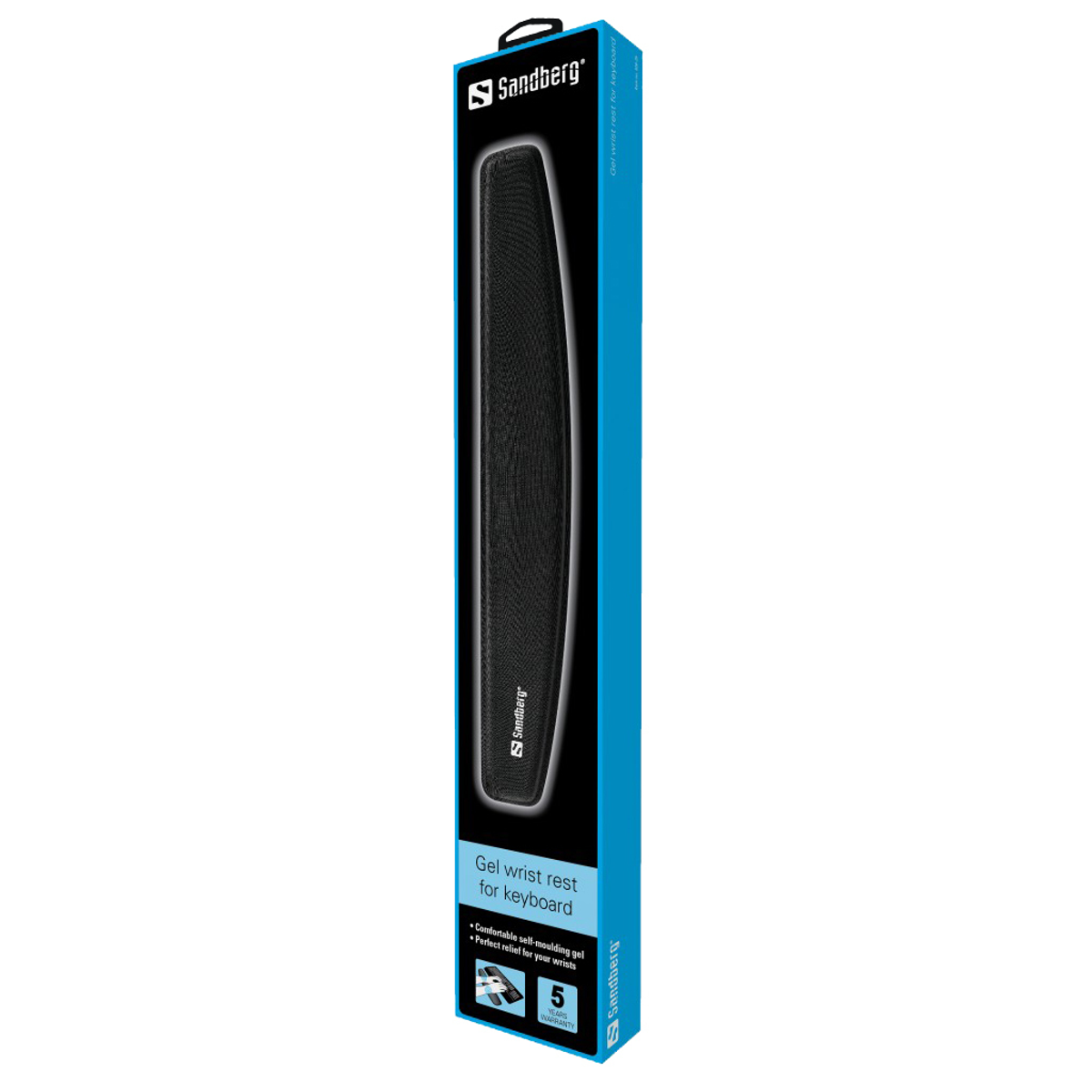 Eine lange, schwarze Gel-Handgelenkstütze für eine Tastatur. Die Verpackung ist blau mit dem Markenlogo. Weißer Hintergrund.