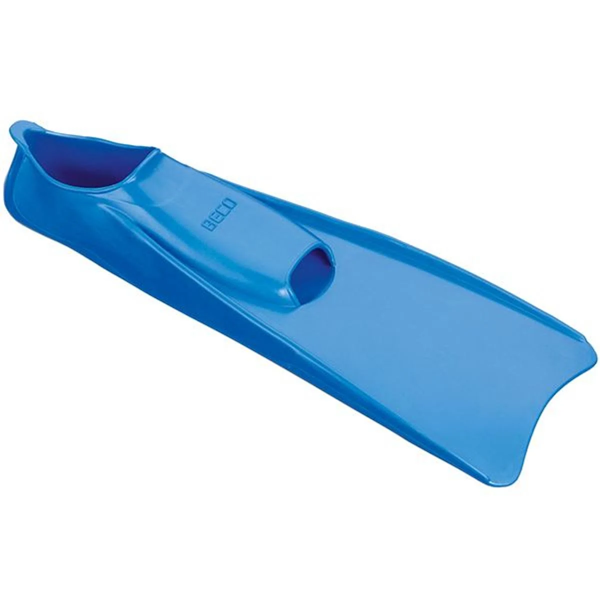 Pinna da nuoto blu. Ha una tasca per il piede e una lama lunga con il marchio 'BECO'.
