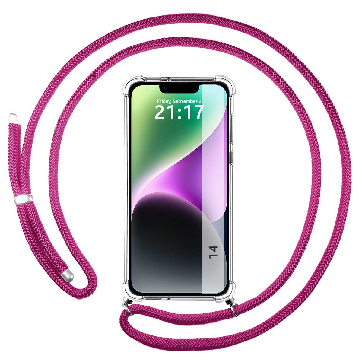 Telefono con cordino rosa, che mostra uno sfondo astratto viola e rosa.