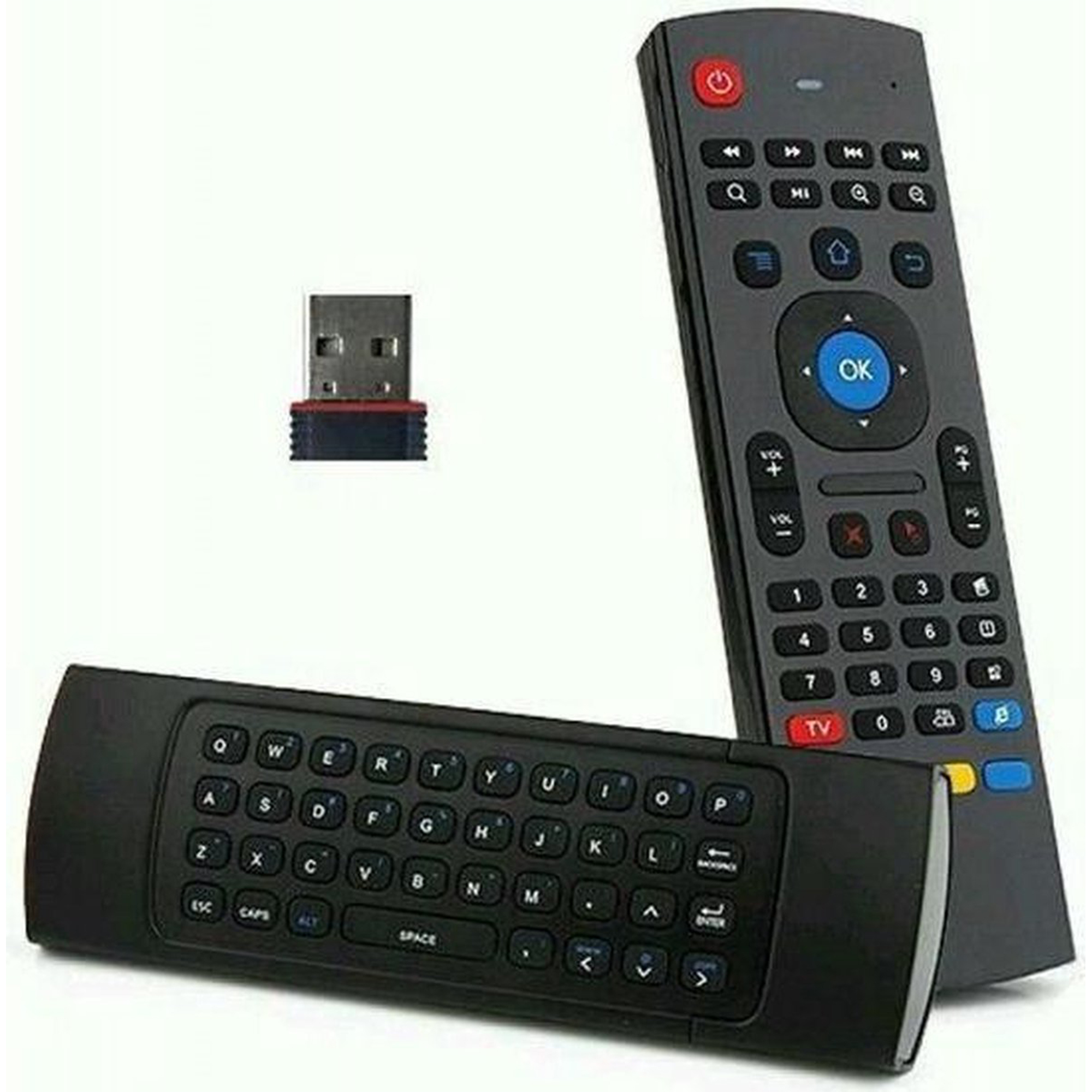 Pilot z klawiaturą i odbiornikiem USB. Przyciski: zasilanie, klawisze numeryczne i sterowanie kierunkowe.