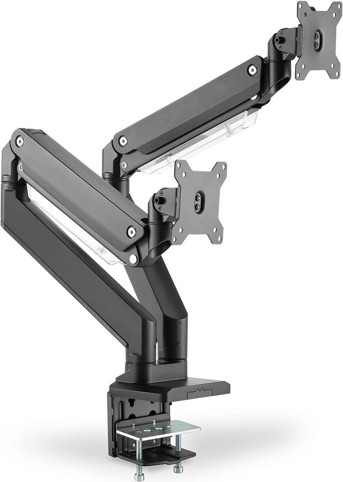 Doppelmonitorarm mit zwei Bildschirmen, schwarz-silbernes Design.