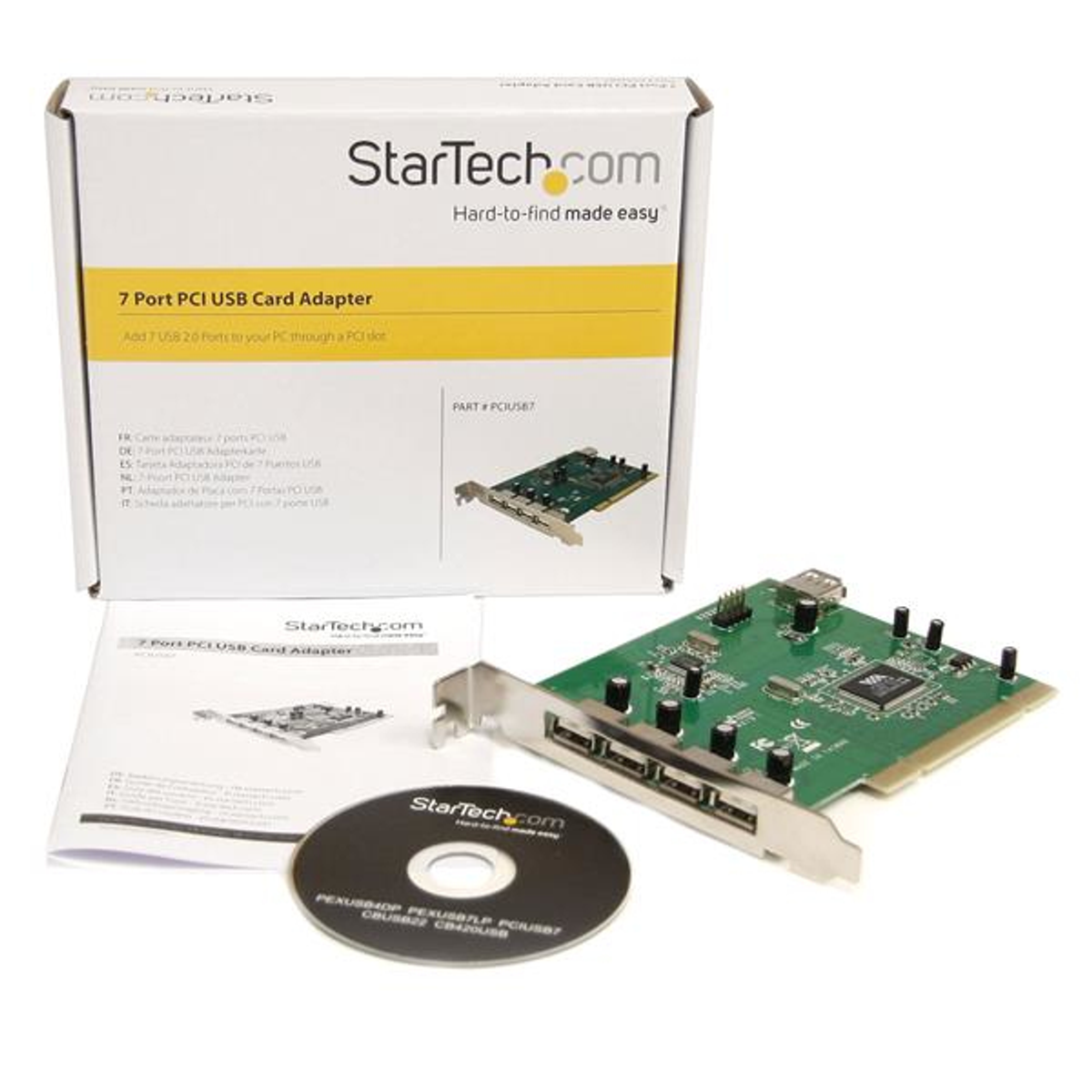 Un kit d'adaptateur de carte USB 7 ports StarTech.com. Comprend une carte, une boîte, un CD et un manuel. Fond blanc.