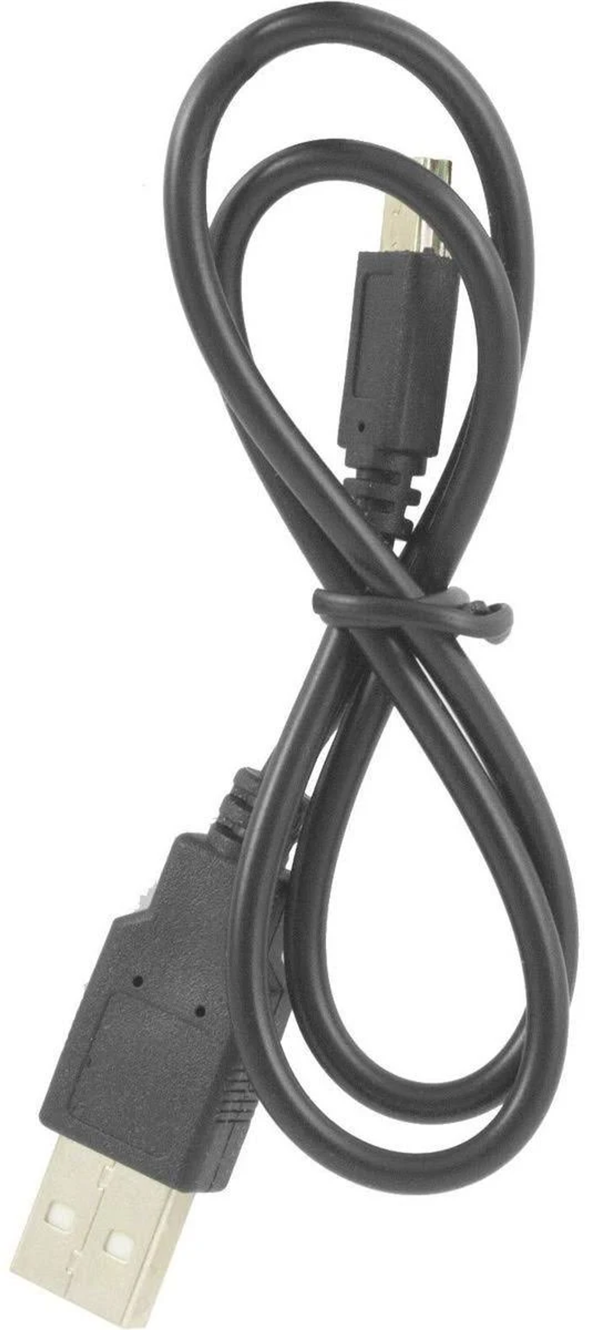 Czarny kabel USB do micro USB. Jeden koniec to standardowe USB, drugi to micro USB.