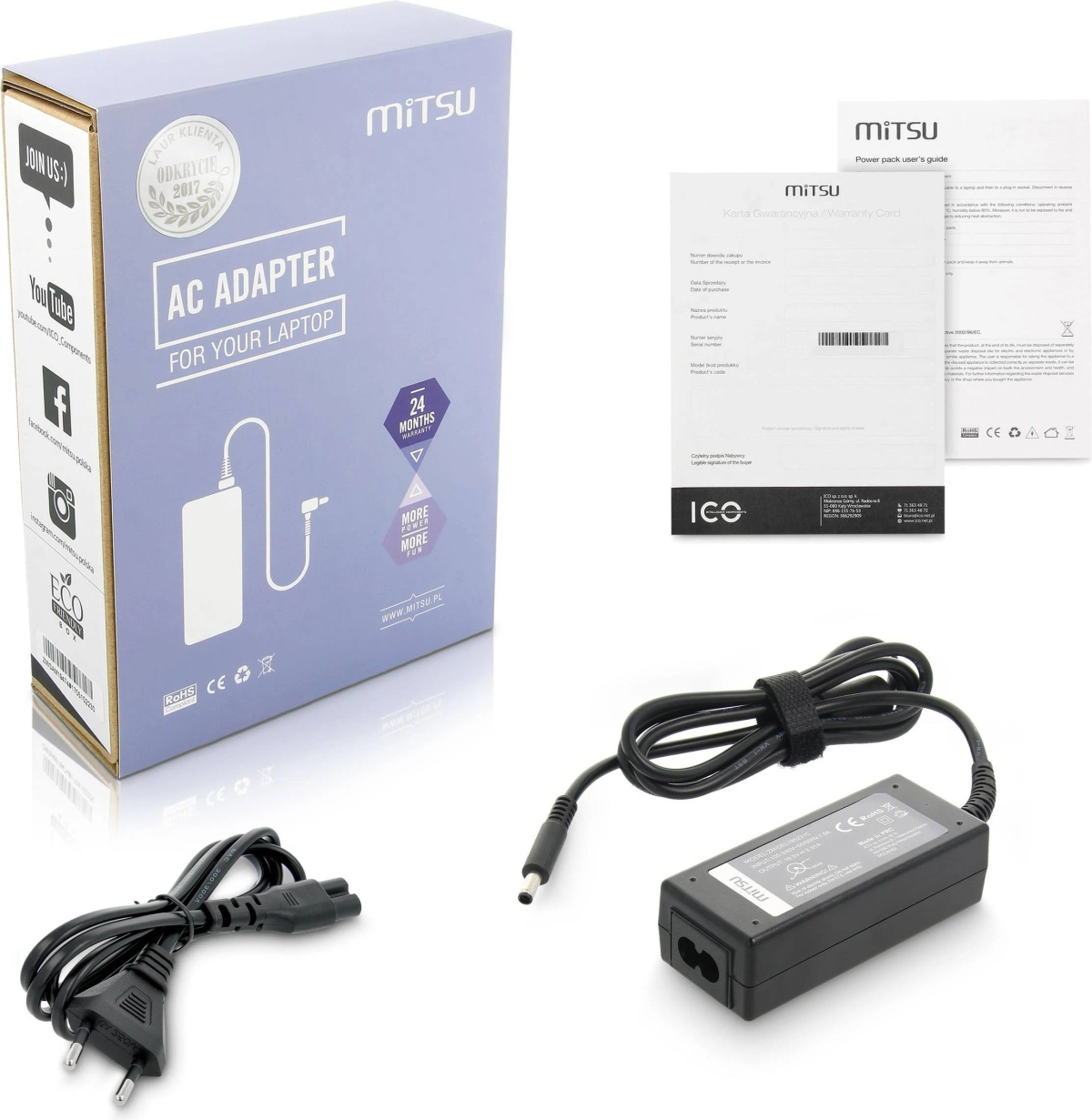 AC-Adapterbox, Adapter und zwei Netzkabel. Die Box hat Logo und Text, der Adapter ist schwarz.