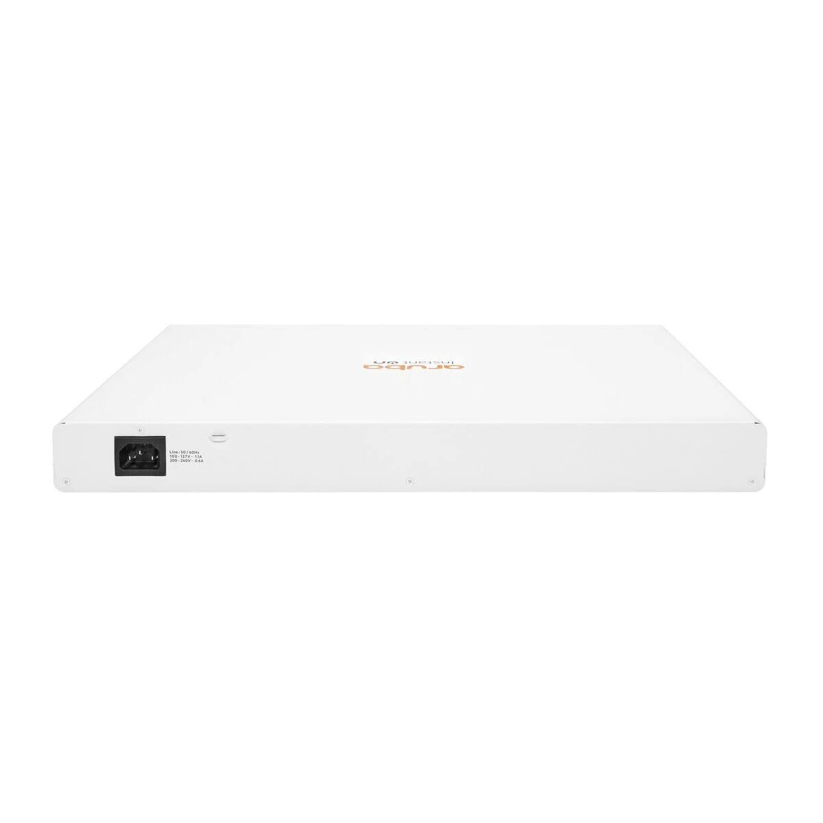 Uno switch di rete Aruba bianco, con un ingresso di alimentazione e alcune piccole etichette sul retro.