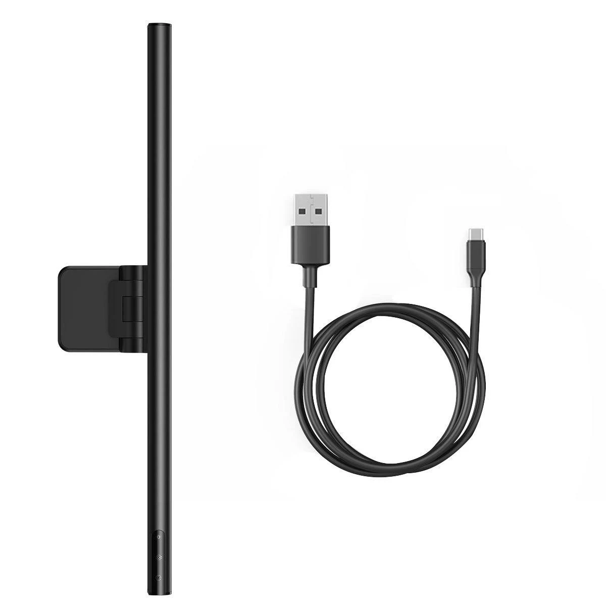 Barra luminosa a LED nera con un cavo USB-A e USB-C. Sfondo bianco.
