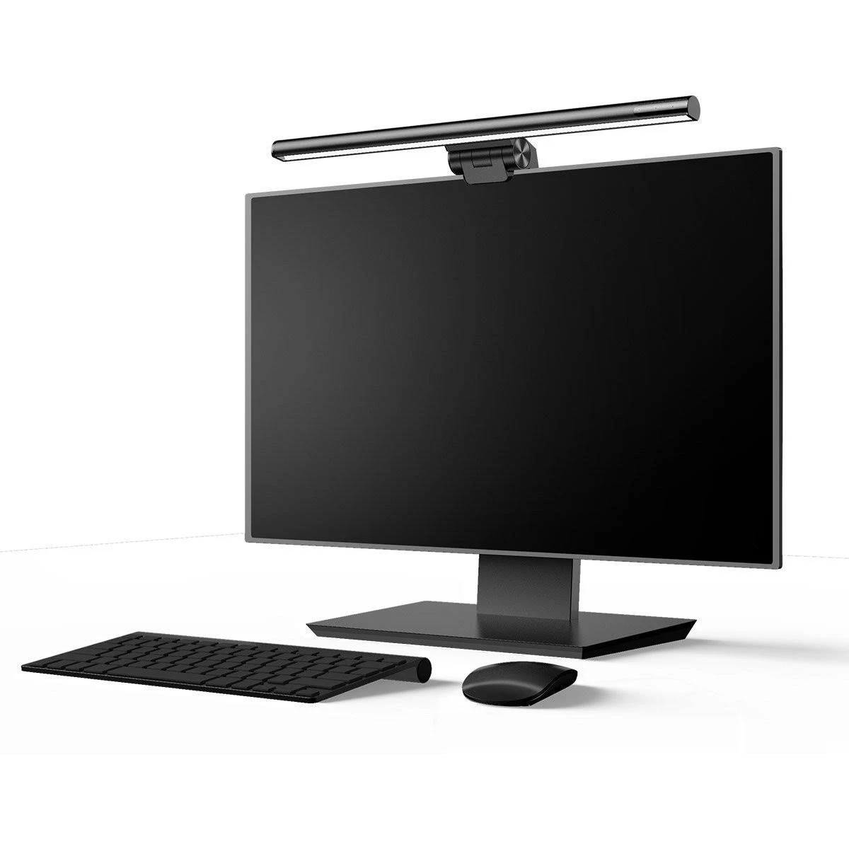 Monitor del computer con una barra luminosa sulla parte superiore, tastiera e mouse. Sfondo bianco.
