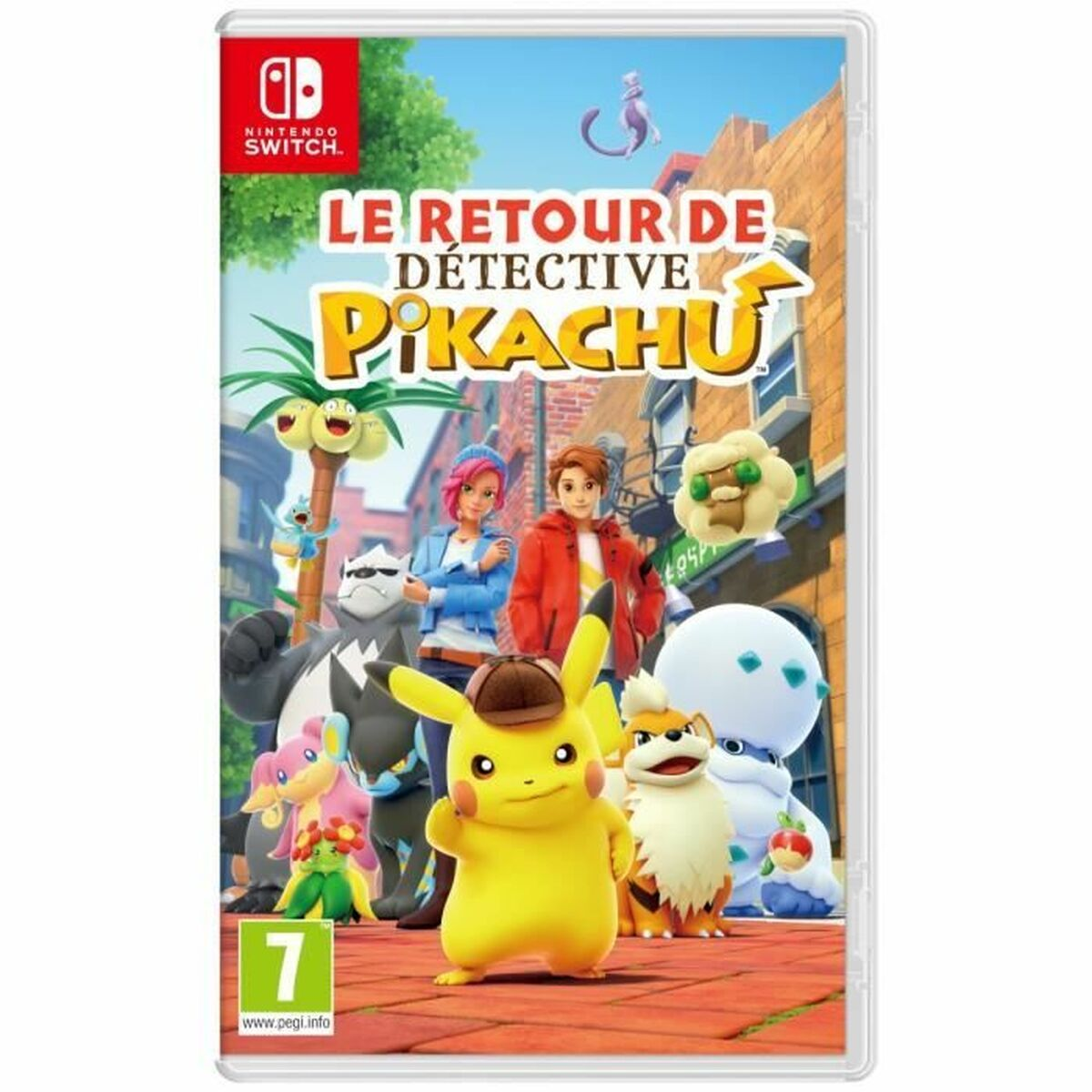 Scatola del gioco di Detective Pikachu. Pikachu è in piedi di fronte ad altri personaggi, un edificio sullo sfondo.
