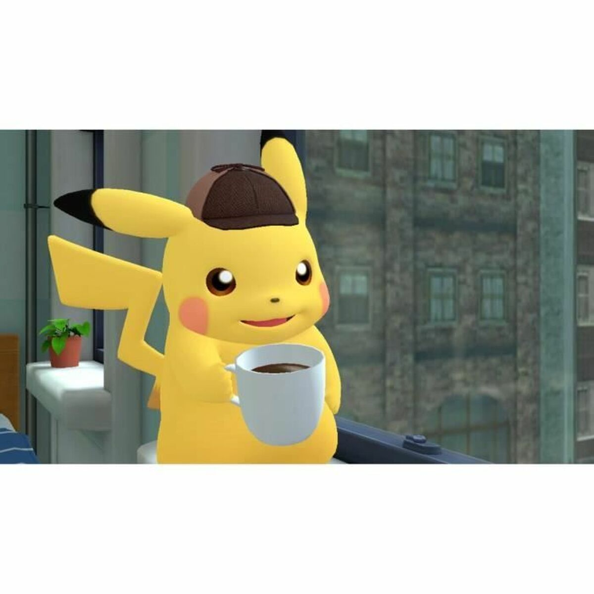 Pikachu, con un cappello, tiene in mano una tazza di caffè, guardando fuori da una finestra un paesaggio urbano.