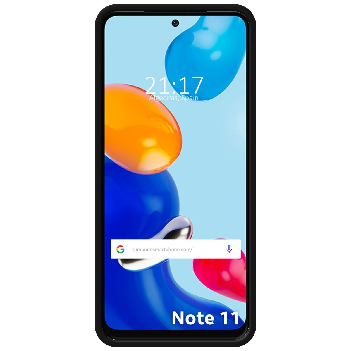 Una pantalla de teléfono que muestra un reloj, la fecha y el texto 'Algeciras, España', con formas abstractas azules y naranjas.
