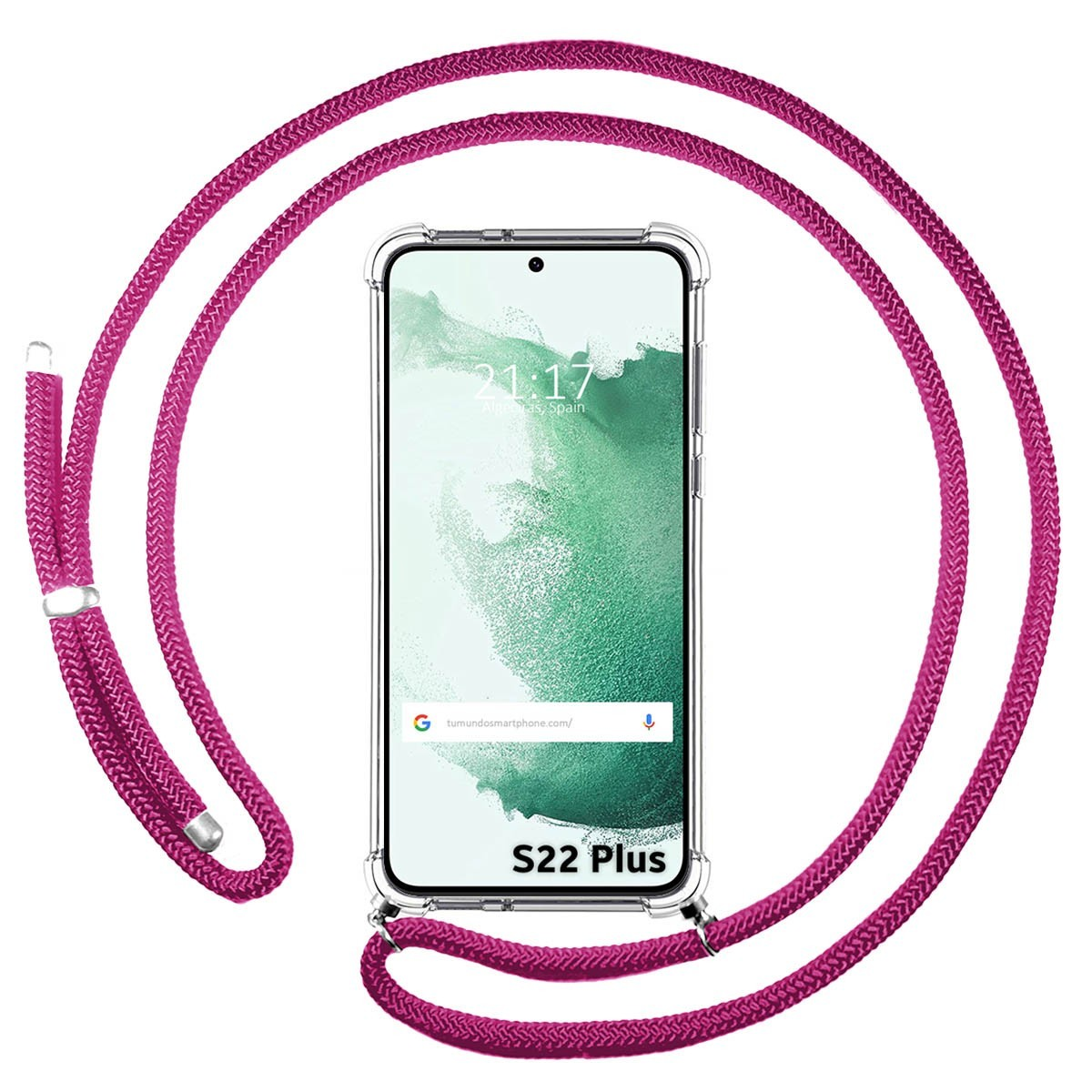 Custodia per telefono con cordino viola. Lo schermo del telefono mostra ora, posizione e un sito web.
