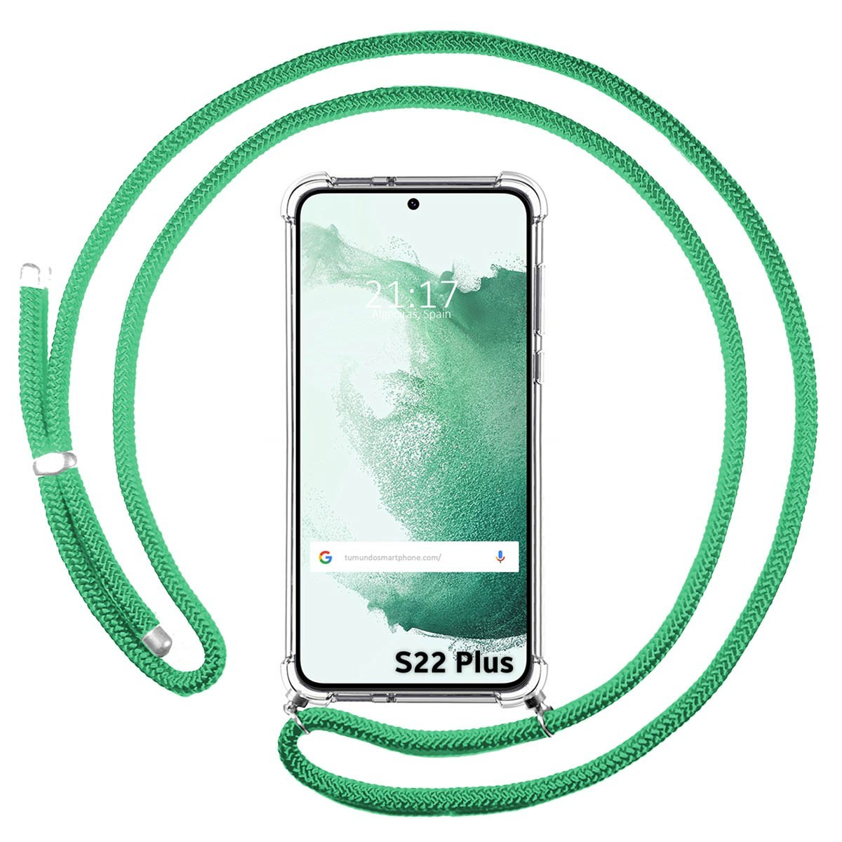 Un telefono tenuto da una custodia trasparente con una cinghia verde. Il telefono mostra l'ora e un sito web.