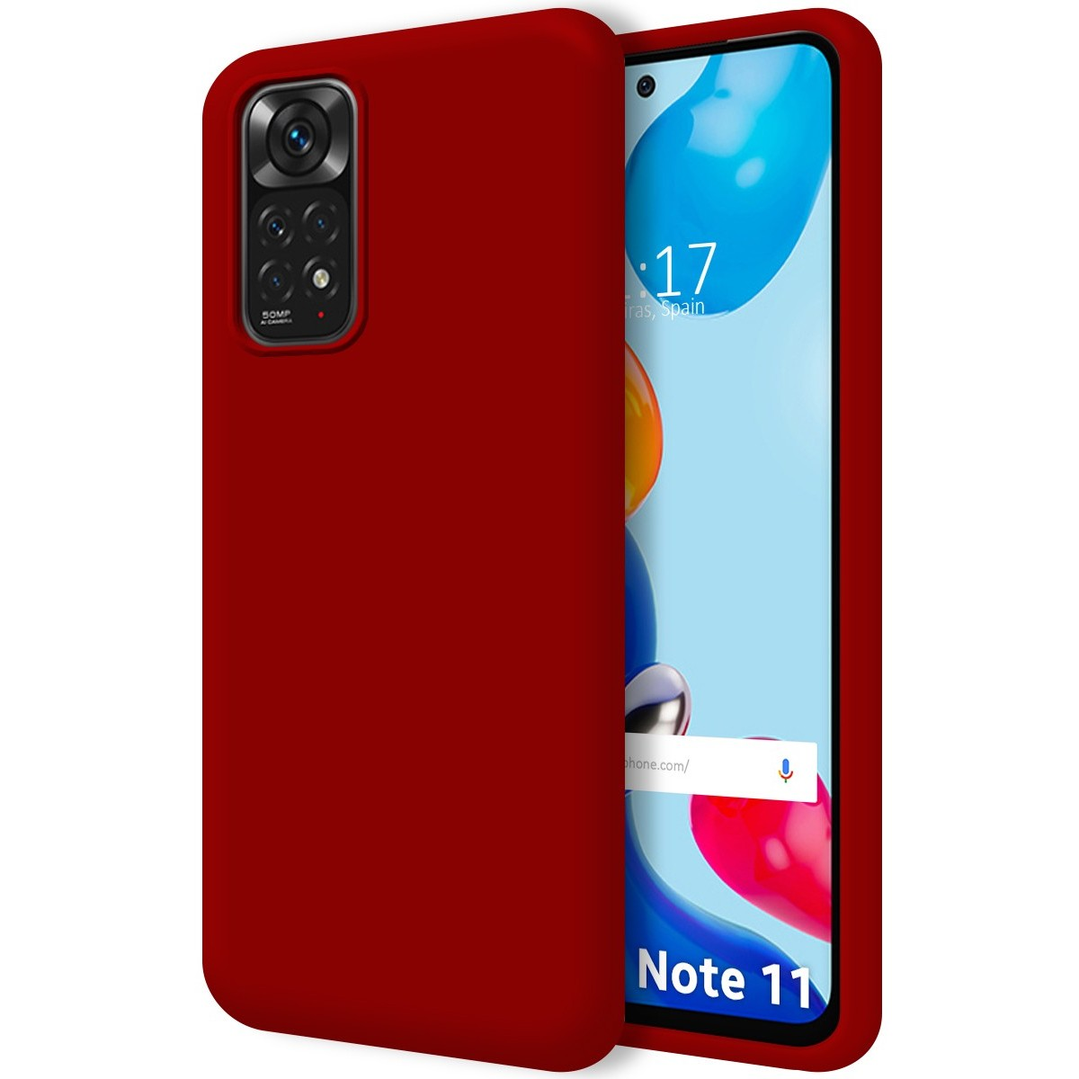 Custodia per telefono rossa. Lo schermo mostra uno sfondo colorato e l'ora.