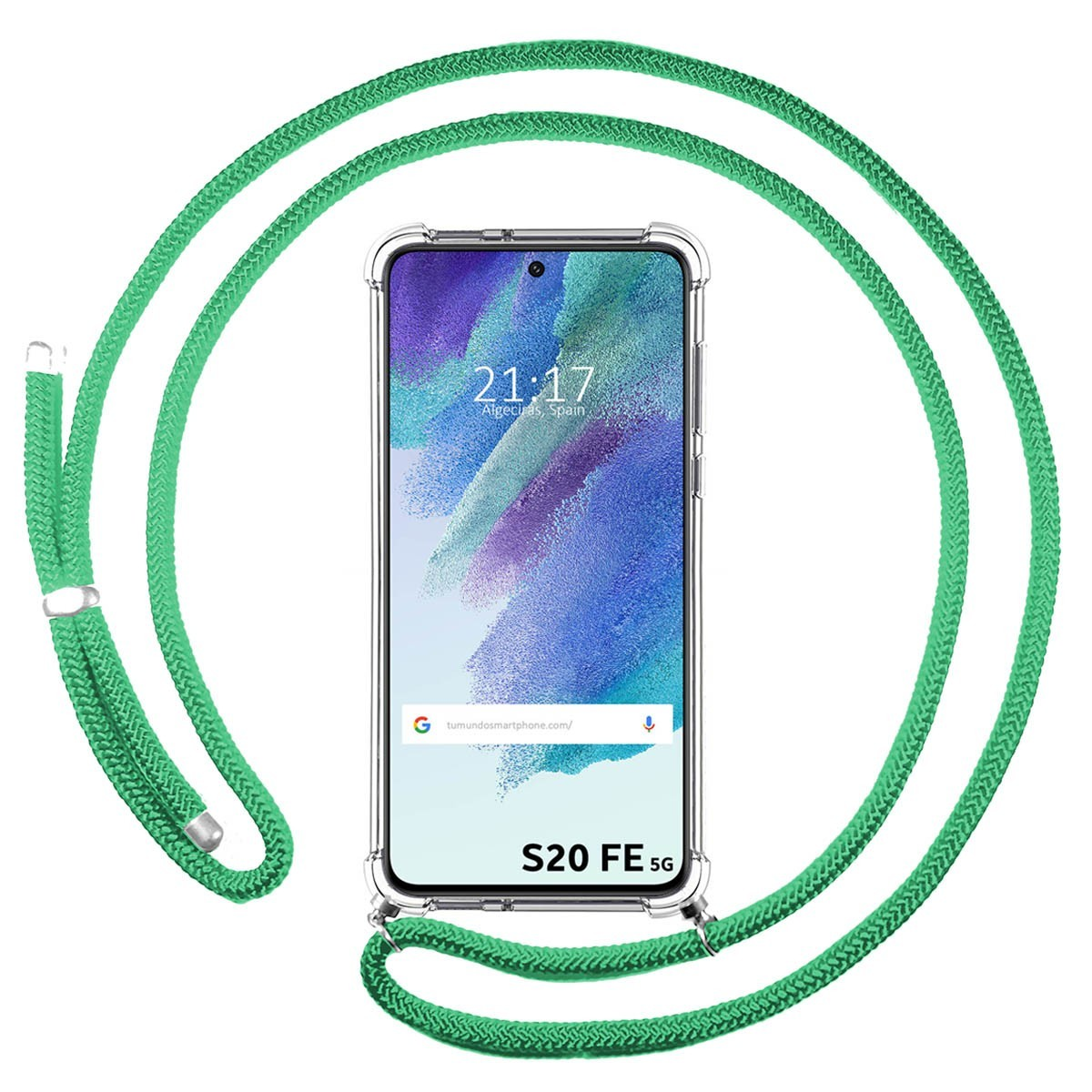 Telefono con cordino verde, che mostra l'ora e un indirizzo web.