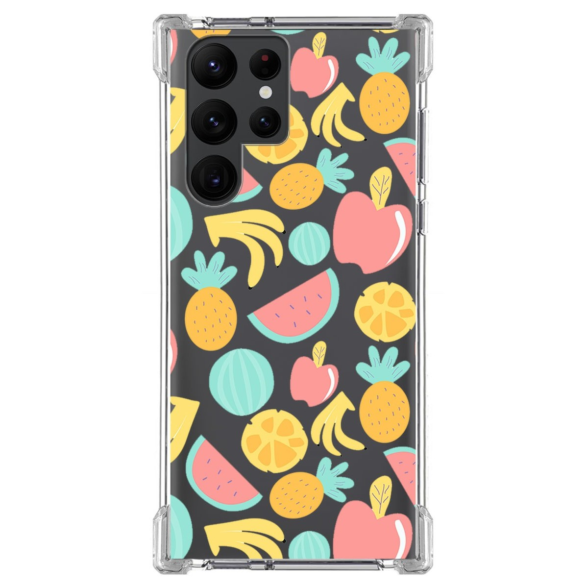 Funda de teléfono con patrón de frutas, incluyendo piña, plátano, manzana y sandía.