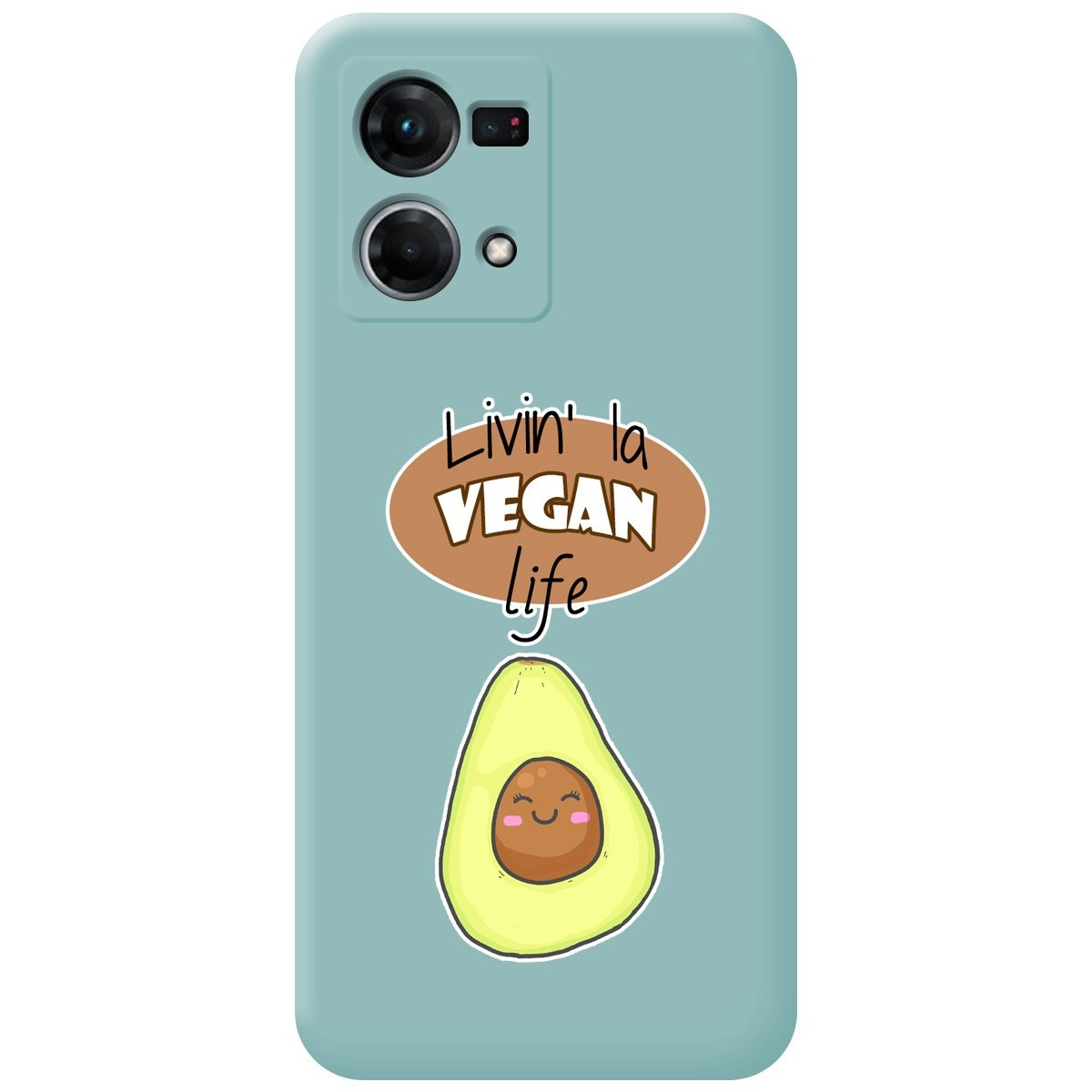 Funda de teléfono con un fondo verde azulado con un gráfico de aguacate y el texto Livin' la VEGAN life.