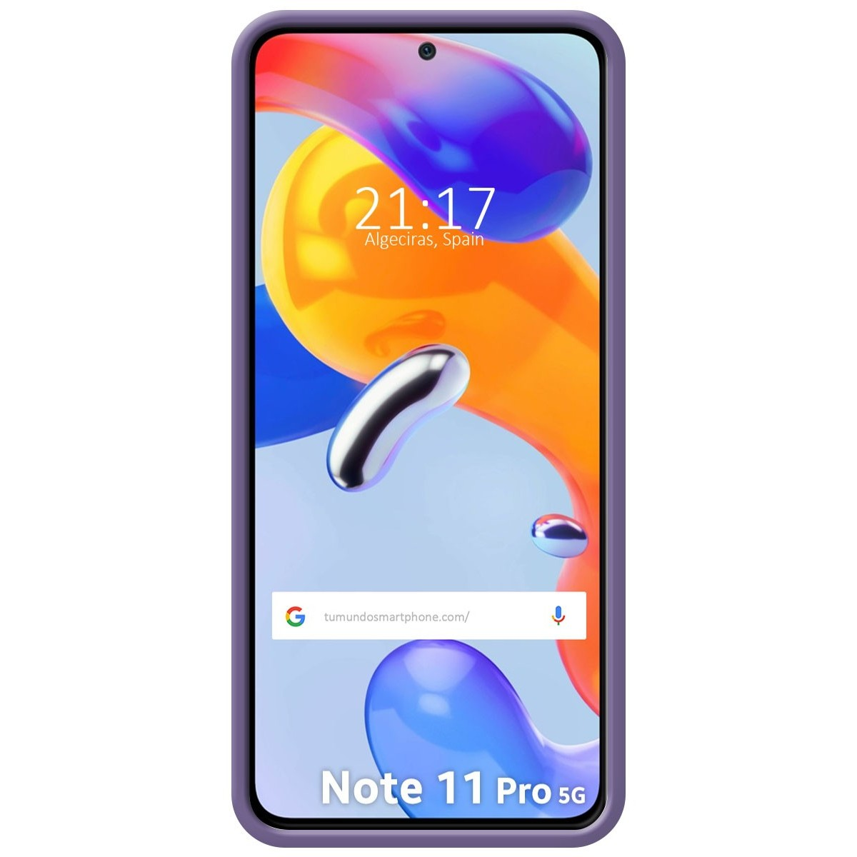 Telefono con custodia viola che mostra ora, posizione e sito web con sfondo arancione e blu.