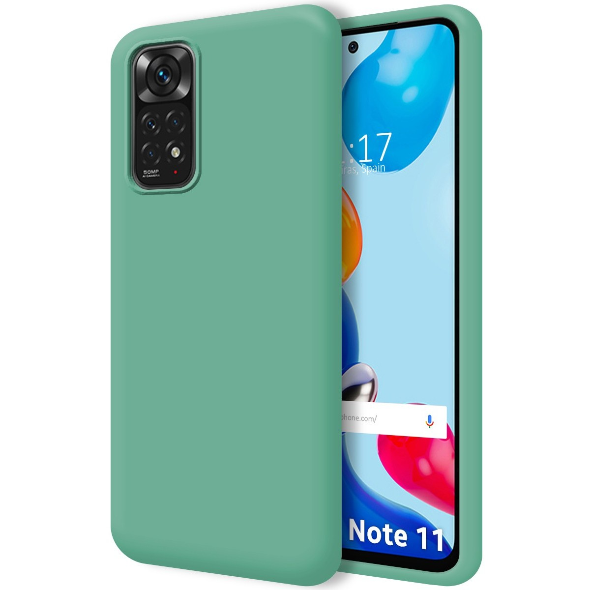 Telefono in una custodia verde. Il telefono mostra l'ora.