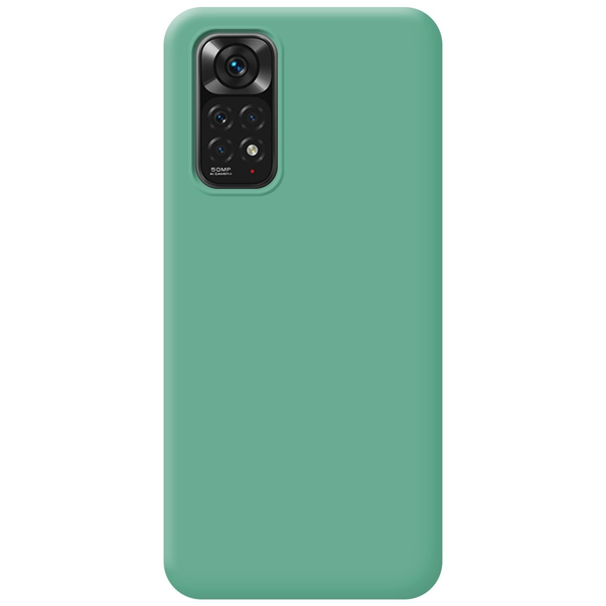 Una custodia per telefono verde tinta unita con una serie di fotocamere su un telefono.