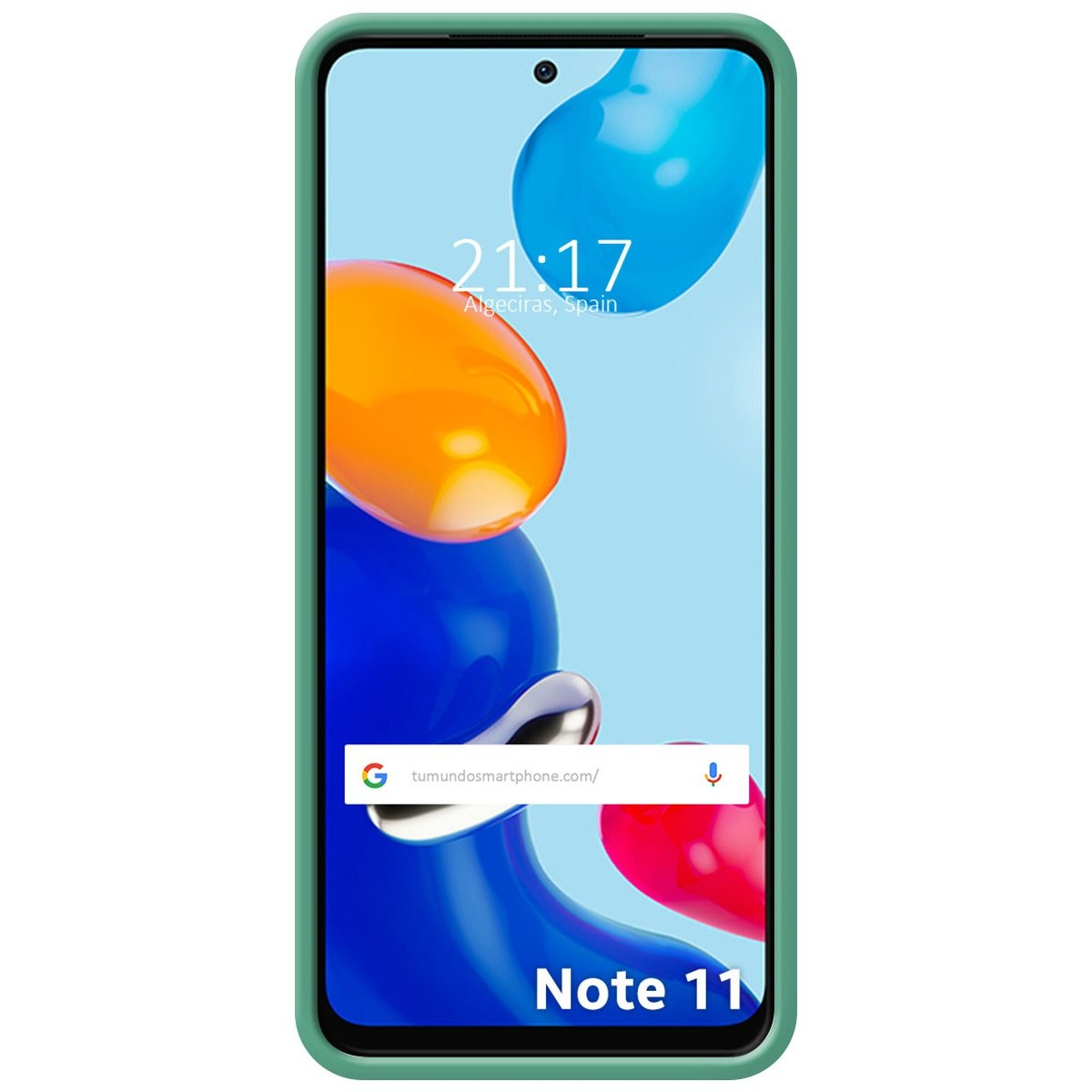 Custodia per telefono, verde, mostra un telefono con forme astratte arancioni e blu sullo schermo.