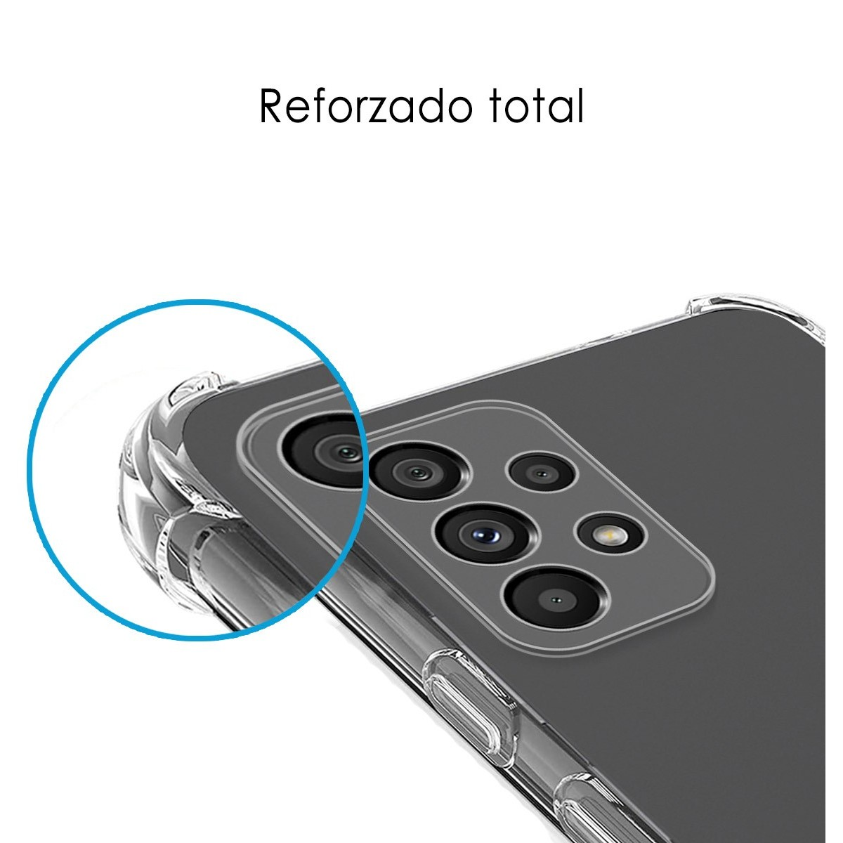 Dettagli della fotocamera del telefono con custodia protettiva. Telefono a destra.