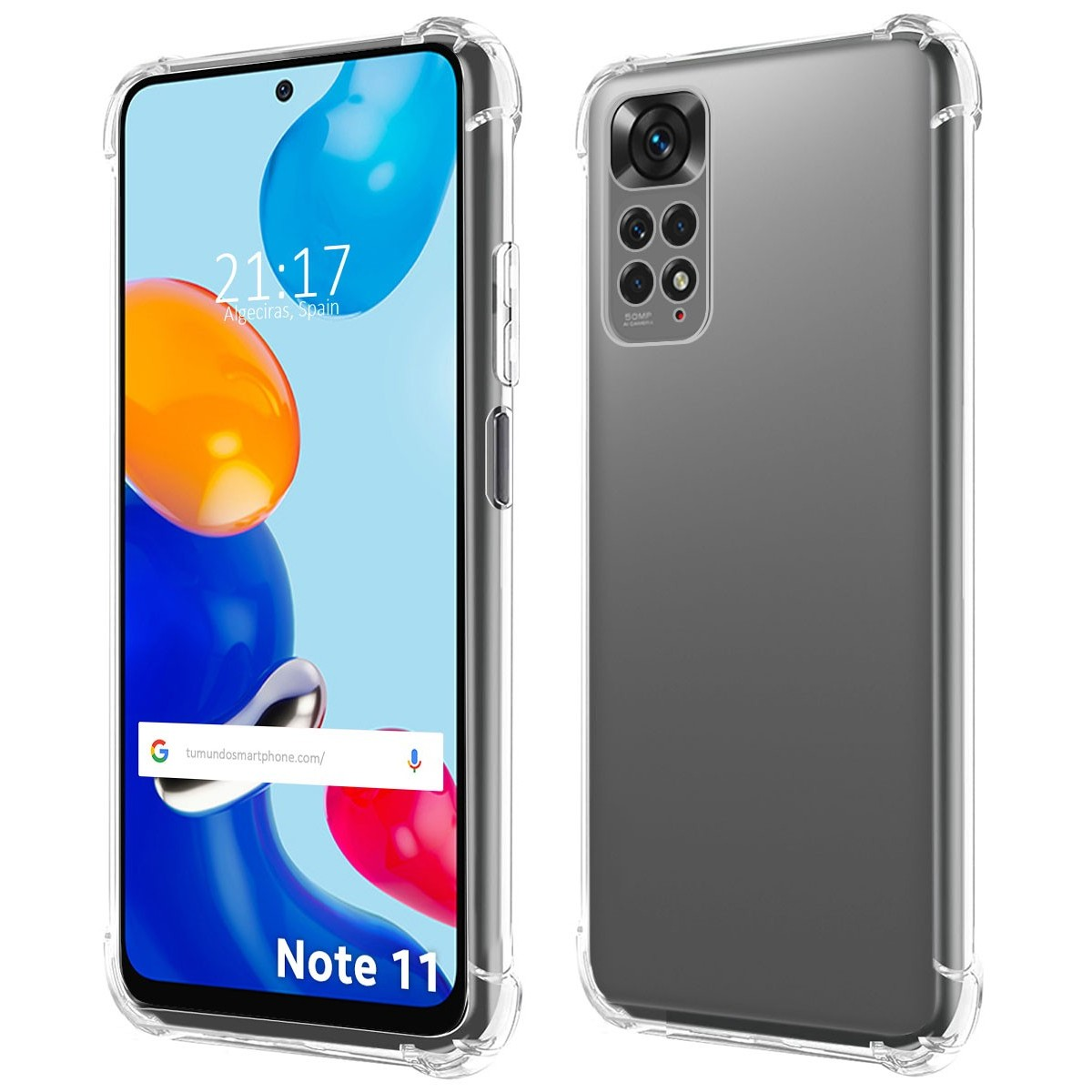 Custodia con logo Note 11 e schermo che mostra ora e sito web.