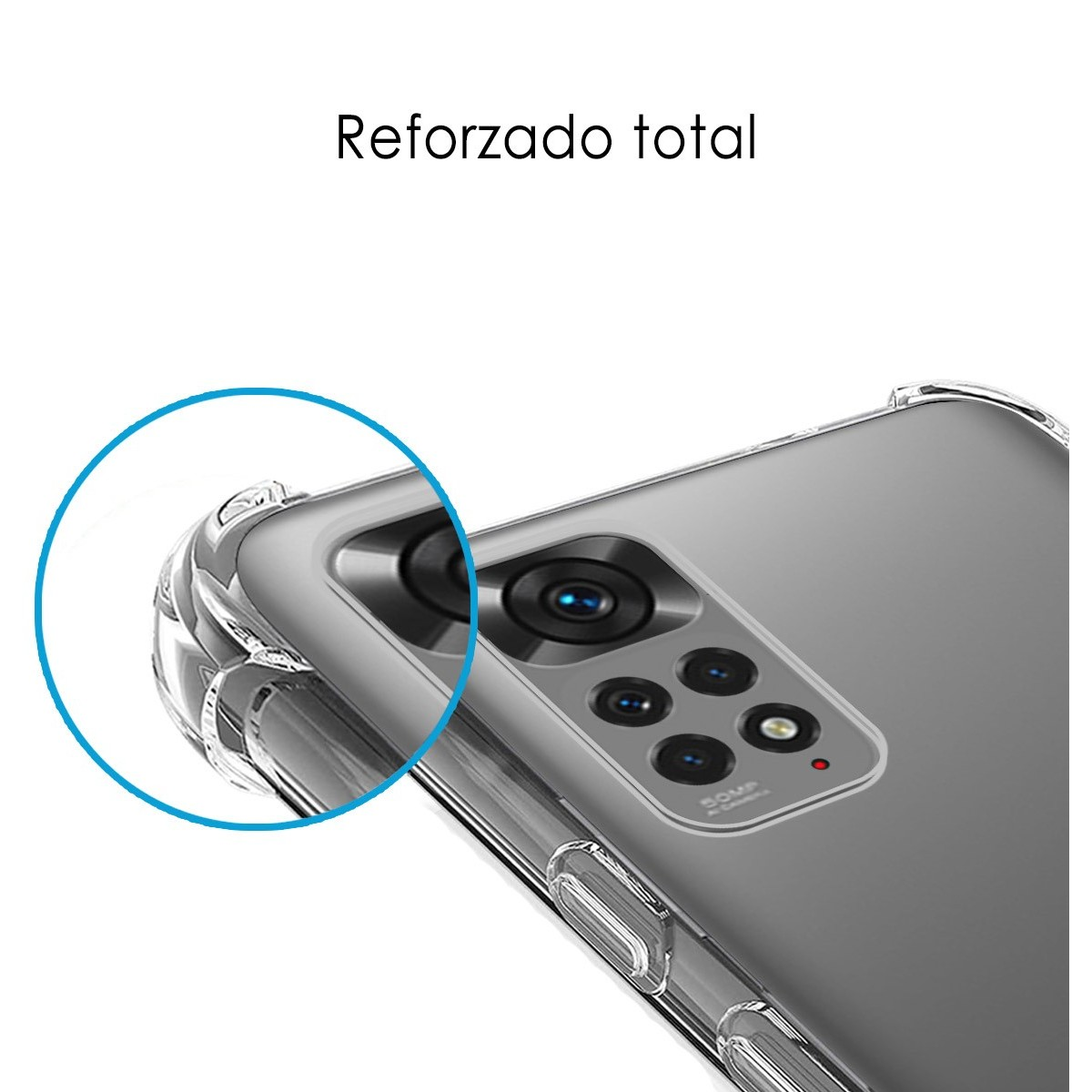 Primo piano di una custodia per telefono con design trasparente e angoli rinforzati, e il modulo fotocamera.