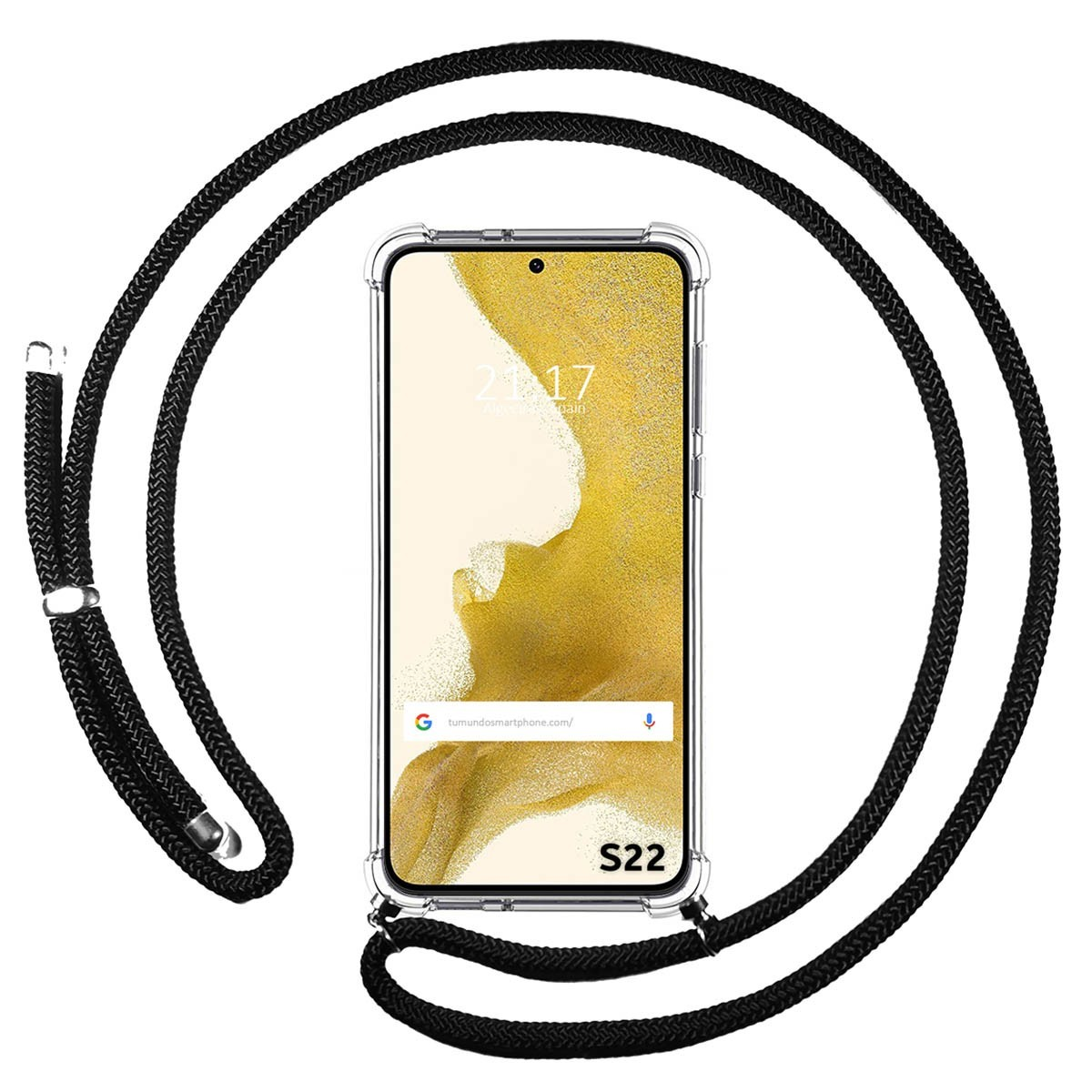 Smartphone con un cordón negro. El teléfono muestra la hora y una dirección web.