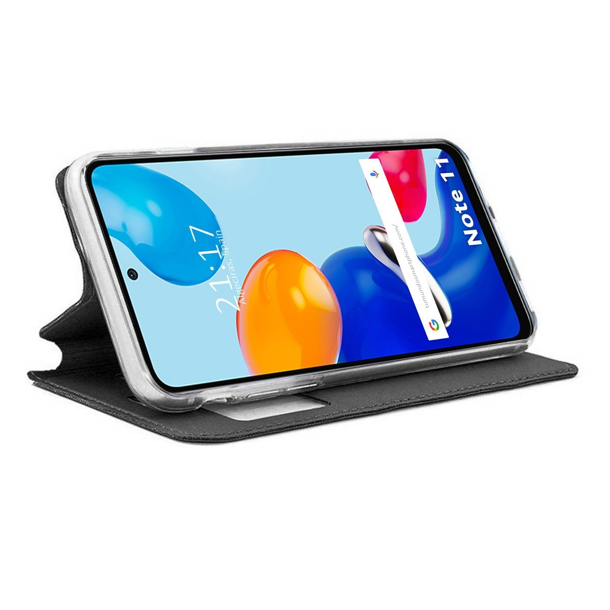 Telefono in una custodia a libro. Il telefono mostra uno sfondo blu con una barra di ricerca Google.