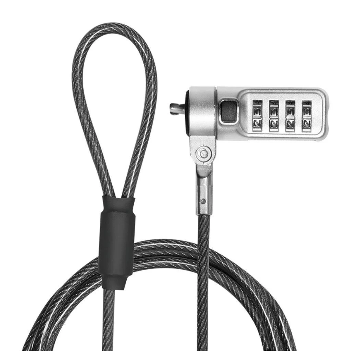 Silbernes Zahlenschloss mit Kabel. Die Zahlen der Kombination sind sichtbar.